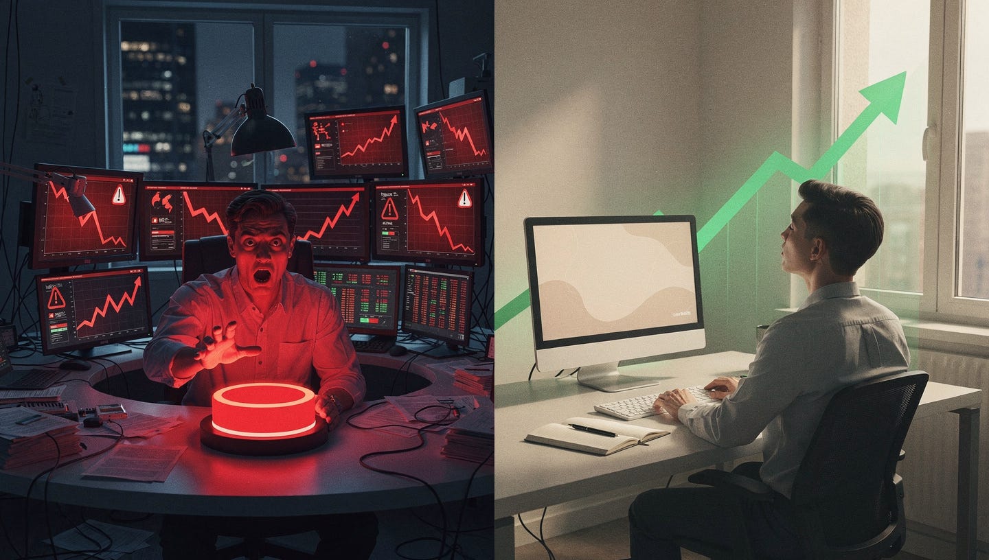 A split-scene editorial illustration showing two investors side by side. On the left, a person in a dimly lit room, surrounded by multiple glowing screens filled with alarming red financial charts, breaking news alerts, and falling stock tickers. Their expression is panicked, hand reaching impulsively toward a 'VENDER' button. On the right, the same person in a calm, minimal workspace — one single screen, warm natural light, a notebook open on the desk, eyes closed in reflection. A subtle upward green trend line floats gently in the background. The overall mood contrasts chaos and clarity. Flat editorial illustration style, muted color palette with accents of red and green, no text in the image. A split-scene editorial illustration showing two investors side by side. On the left, a person in a dimly lit room, surrounded by multiple glowing screens filled with alarming red financial charts, breaking news alerts, and falling stock tickers. Their expression is panicked, hand reaching impulsively toward a 'VENDER' button. On the right, the same person in a calm, minimal workspace — one single screen, warm natural light, a notebook open on the desk, eyes closed in reflection. A subtle upward green trend line floats gently in the background. The overall mood contrasts chaos and clarity. Flat editorial illustration style, muted color palette with accents of red and green, no text in the image.