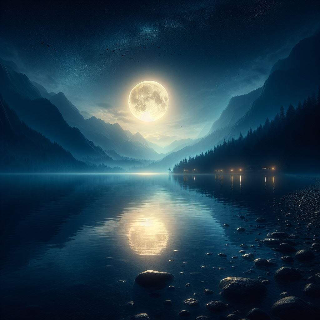 the cast of the moon on a silent stretch of midnight waters