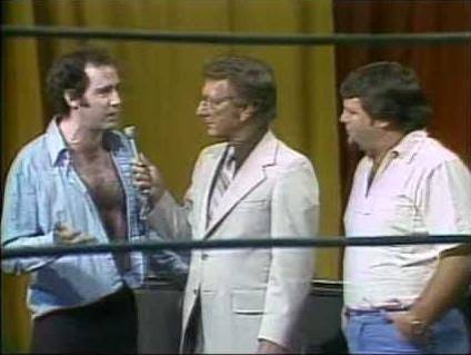 Classic - Lance Russell interviews Andy Kaufman who apologizes for his antics and tries to convince Jerry Lawler to team up against Jimmy Hart. Classic - Lance Russell interviews Andy Kaufman who apologizes for his antics and tries to convince Jerry Lawler to team up against Jimmy Hart.
