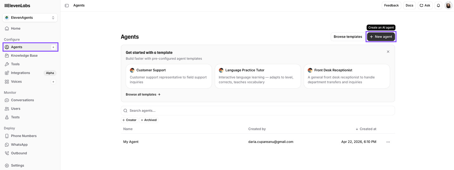 ElevenAgents dashboard showing the Agents section in the left menu and the New agent button highlighted in the top right, with template suggestions for Customer Support, Language Practice Tutor, and Front Desk Receptionist. ElevenAgents dashboard showing the Agents section in the left menu and the New agent button highlighted in the top right, with template suggestions for Customer Support, Language Practice Tutor, and Front Desk Receptionist.