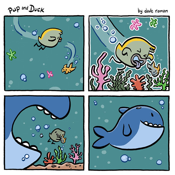 Duck swims after the fish. The fish swims into some coral and Duck opens its mouth and sticks its tongue out. A giant whale appears behind Duck and the fish and swallows them.
