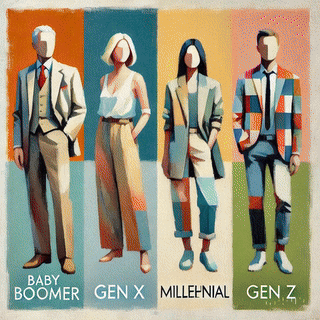 An artistic representation of four generational figures: Baby Boomer in a suit, Gen X in casual attire, Millennial in modern casual wear, and Gen Z in a colorful outfit. Each figure is labeled with their generation.