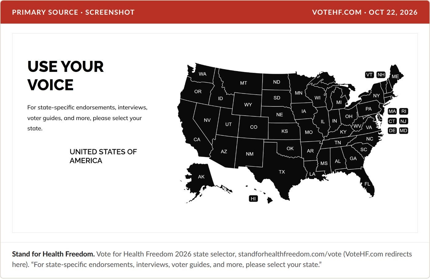 The state selector at standforhealthfreedom.com/vote, Oct. 22, 2026. The state selector at standforhealthfreedom.com/vote, Oct. 22, 2026.