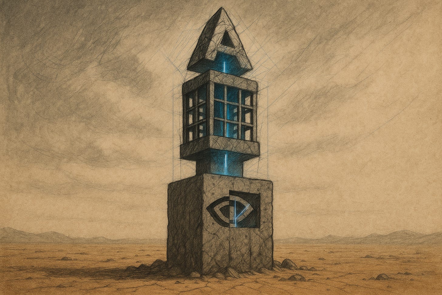 A hand-sketched, mixed-media drawing of a brutalist concrete totem pole. The base is carved with the NVIDIA spiral, the mid-section is a steel Microsoft grid, and the capstone is the Anthropic 'A'. Blue stress lines connect the layers. A hand-sketched, mixed-media drawing of a brutalist concrete totem pole. The base is carved with the NVIDIA spiral, the mid-section is a steel Microsoft grid, and the capstone is the Anthropic 'A'. Blue stress lines connect the layers.