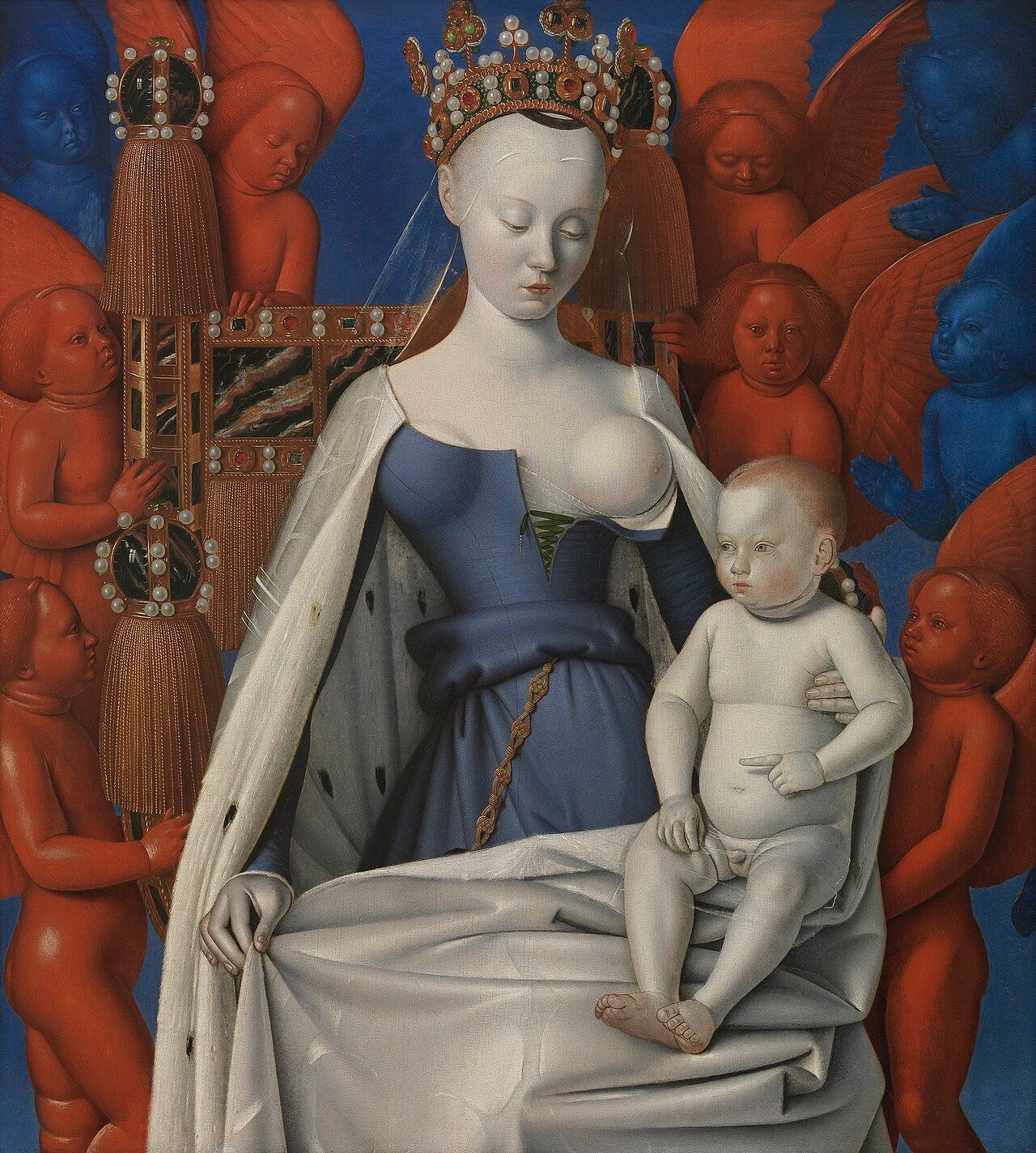 Pale crowned Virgin with one bare breast holding the Christ Child, surrounded by red and blue angels. Pale crowned Virgin with one bare breast holding the Christ Child, surrounded by red and blue angels.