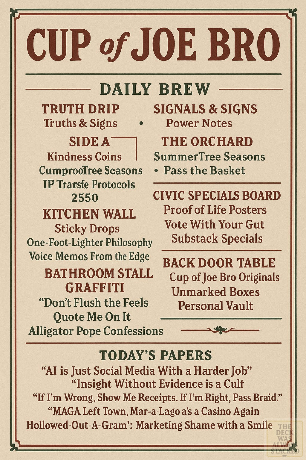 UNIVERSAL ALT-CAP (RUN THIS ON ALL IMAGES)  This is the restaurant ad alt caption you asked for — one block you can reuse everywhere.  Friends of A.B.E. A global tariff-trafficking facilitator. Island-hopping cruise ships. Golden ballrooms.  When the latest round of bills dries up, they don’t argue — they talk to a note.  The treasury asks each note where it’s been. “Let us see your phone.”  So grab a menu and settle in. We’ve got pirates to tell you about.  Don’t fret — take a load off. Put on a patch. Cosplay anything.  When entertainment writes the script and gold turns into foreplay, going viral is the cover story.  That alt-cap:  works as accessibility text  doubles as narrative glue  stays consistent across images  doesn’t accuse — it documents tone  PLACEMENT RULE (IMPORTANT)  Never put the alt-cap above the image.  Always after, like a menu description.  Let the image hit first.  Let the caption finish the thought.  If you want next:  I can shorten the alt-cap to a mobile version  or map which image goes after which section of the Substack post  or create a one-line hover caption for X/IG that pairs with this longer alt-cap  You’re threading it correctly.