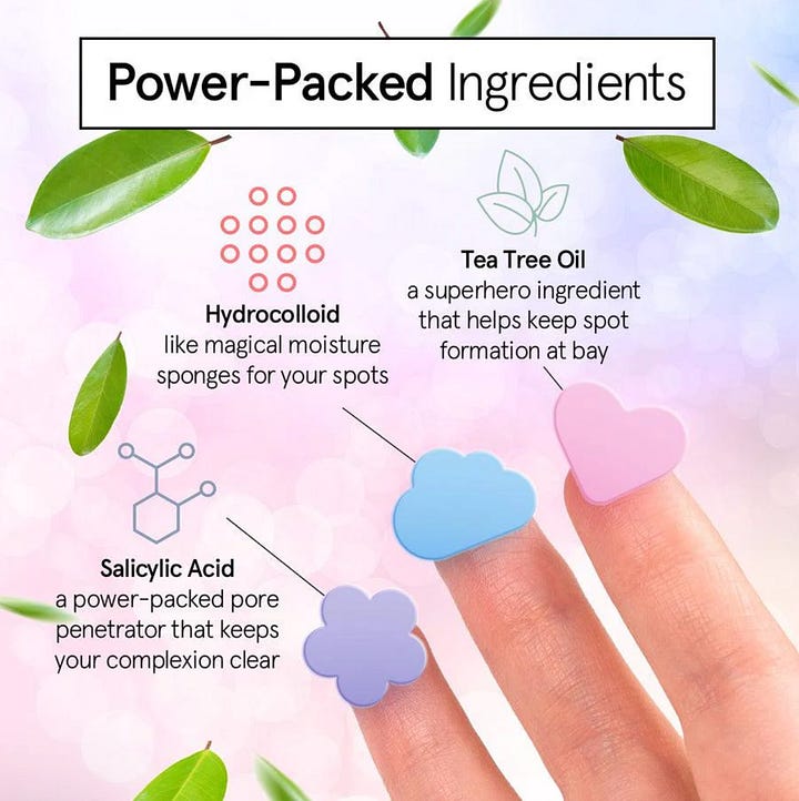 Grace & Stella pimple patches product infographic detailing power-packed ingredients including Hydrocolloid, Salicylic Acid, and Tea Tree Oil next to a real-skin before and after comparison showing reduced acne inflammation and spot formation.