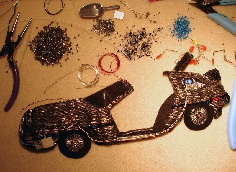 Back to the Future Parts beaded DeLorean pop art beadwork fiber mixed media artist Back to the Future Parts beaded DeLorean pop art beadwork fiber mixed media artist