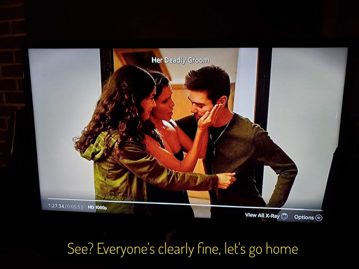 Alison and Nicky propping up a wounded and drugged Jake, captioned "See? Everyone's clearly fine, let's go home"