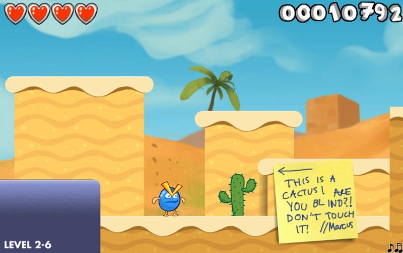 Lee Lee standing next to a cactus with a sticky note on the screen in Lee Lee’s Quest 2.