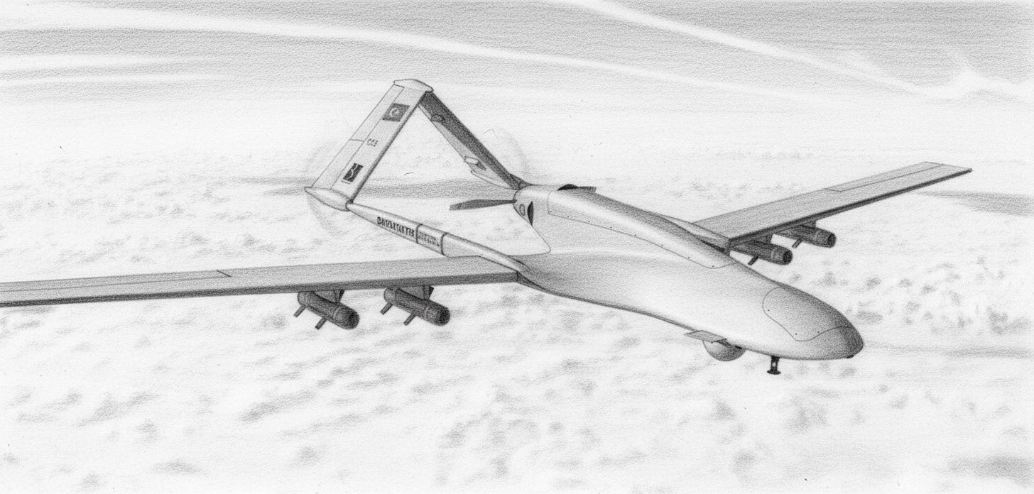 Grayscale pencil drawing of a Turkish drone in flight.