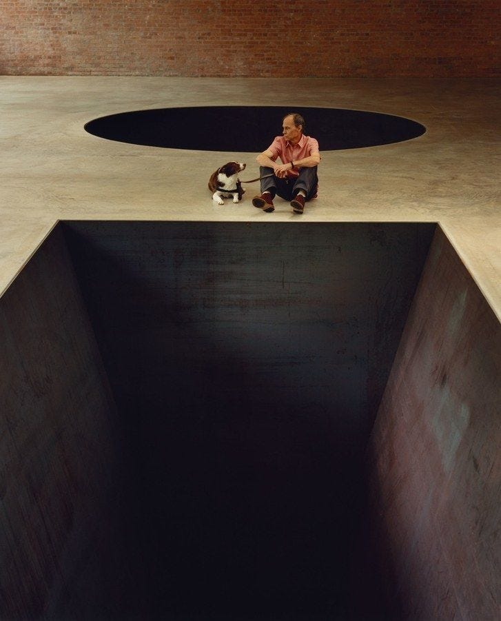 Heizer with his sculpture “North, East, South, West” and his dog Tomato  Rose | Earth art, Environmental art, Land art