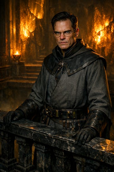 Heinrich on the Overlook of the Amber Temple, severe angular scholar in ash‑gray robes, pale penetrating eyes behind gold spectacles, dark short hair, standing on black marble balcony above abyss, amber light glowing from walls