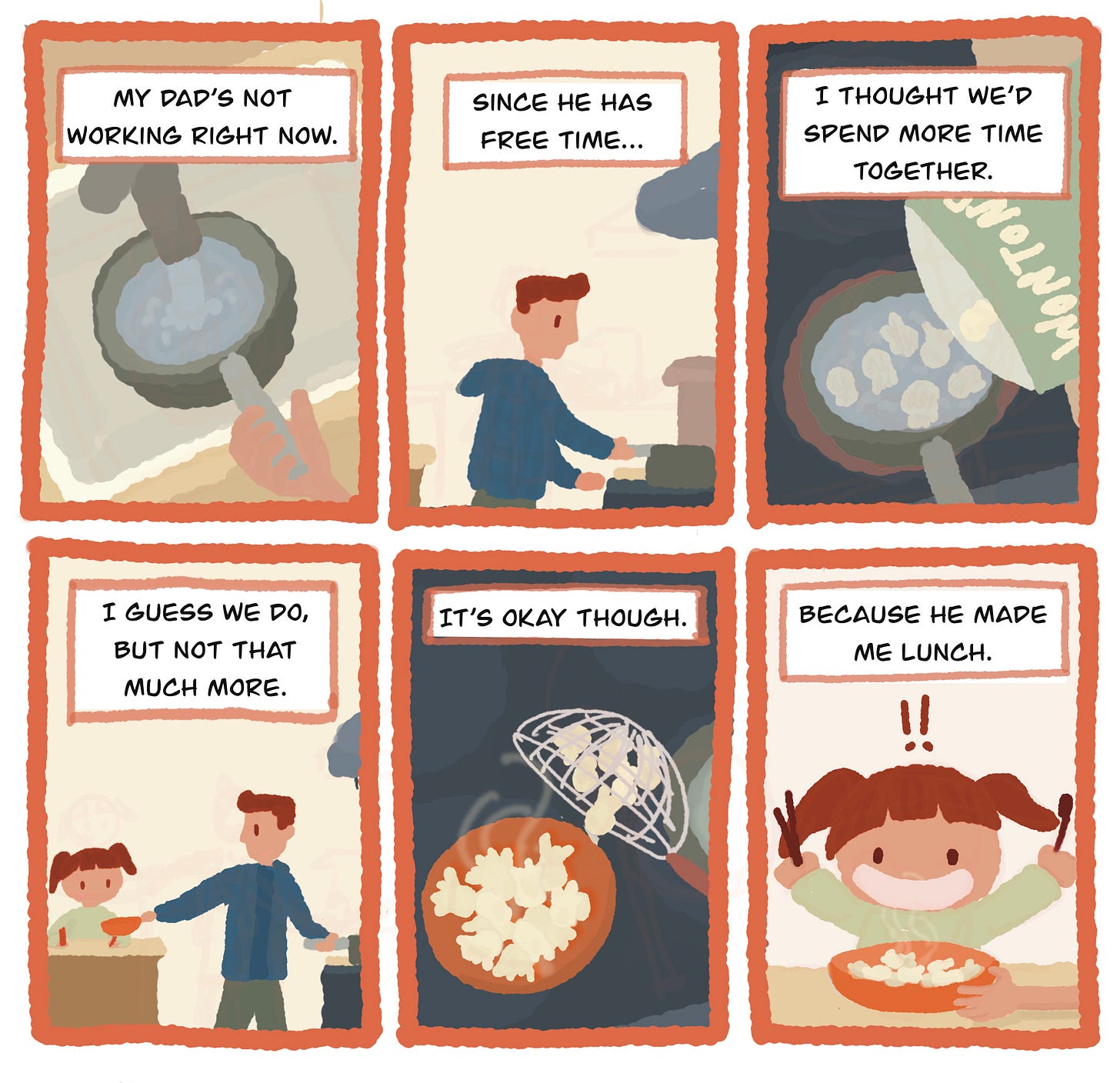 6-panel comic about girl's dad not working and not spending time together, but him making her lunch
