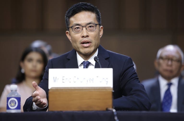 Eric Tung testifies last July before the Senate Judiciary Committee during his confirmation hearing to be a judge on the U.S. Court of Appeals for the Ninth Circuit. Photo: Diego M. Radzinschi/ALM