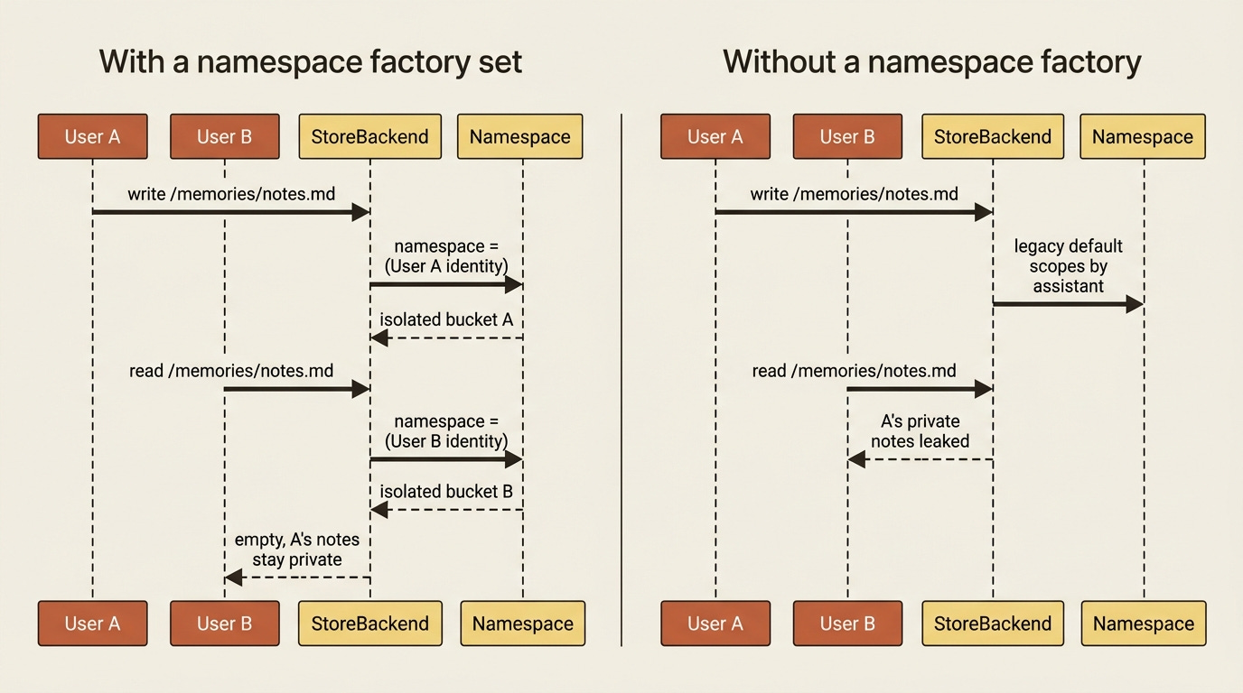 A sequence diagram comparing two users hitting StoreBackend: with a namespace factory each user gets an isolated bucket, and without one, the legacy assistant-scoped default leaks one user's private notes to the next. A sequence diagram comparing two users hitting StoreBackend: with a namespace factory each user gets an isolated bucket, and without one, the legacy assistant-scoped default leaks one user's private notes to the next.