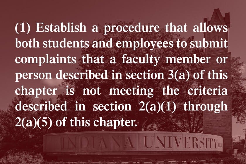 Photo illustration showing a quote from an Indiana state law over a photo of the campus of Indiana University
