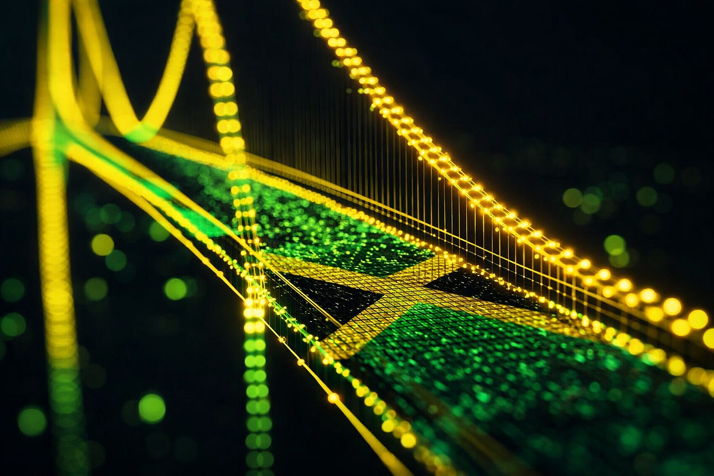 A glowing digital bridge in Jamaica’s national colours, symbolising the connection of government systems and the promise of a unified data network.