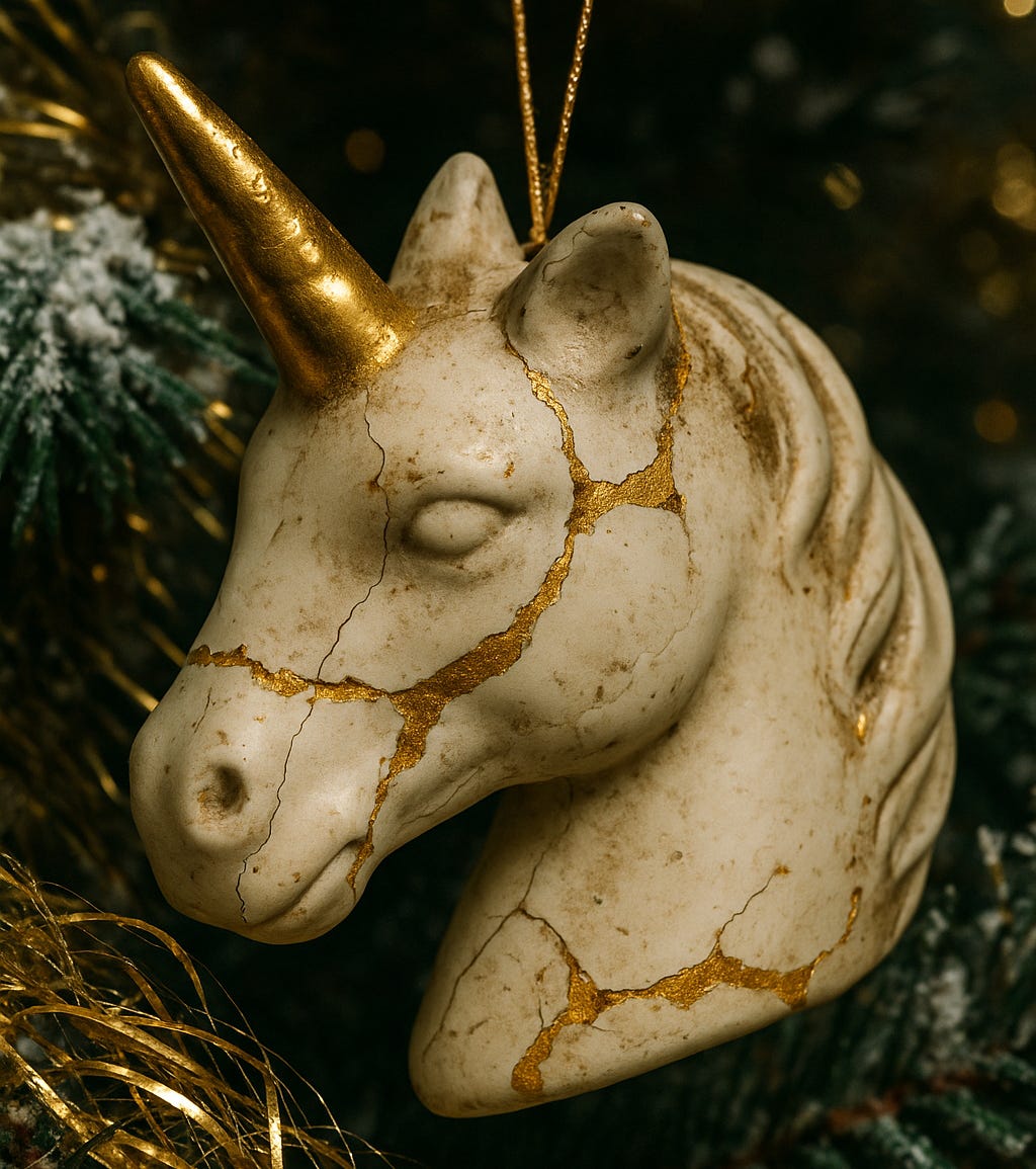 Cracked white porcelain unicorn-head bauble, repaired with glue and gold leaf, horn shining gold, hanging from a gold thread amongst tangled tinsel and fake snow. Scarred but still defiant: a daddy-daughter ornament of abundance and grief.
