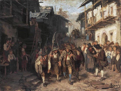 La prueba de fuerza (izquierda), La revuelta campesina de 1850 (centro), El último llamamiento (derecha)