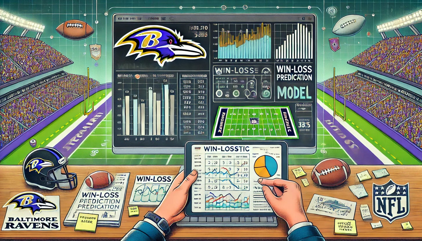 A detailed illustration of using data analytics to predict the Baltimore Ravens' wins and losses in the NFL. The scene includes a computer screen displaying graphs and statistics, with a person analyzing the data. The background shows a football field with the Baltimore Ravens logo. The computer screen shows data visualizations such as bar charts, line graphs, and a win-loss prediction model. The person is holding a tablet with more statistics, and there are sticky notes with key points. The overall theme is a combination of sports and data science.