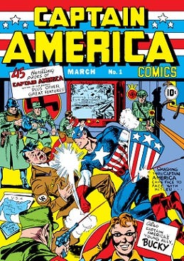 The front page of the first Captain America comic depicts Captain America punching Adolf Hitler in the jaw. A Nazi soldier's bullet deflects from Captain America's shield, while Adolf Hitler falls onto a map of the United States of America and a document reading 'SABOTAGE PLANS FOR U.S.A.' The front page of the first Captain America comic depicts Captain America punching Adolf Hitler in the jaw. A Nazi soldier's bullet deflects from Captain America's shield, while Adolf Hitler falls onto a map of the United States of America and a document reading 'SABOTAGE PLANS FOR U.S.A.'