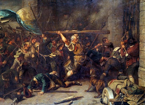 La prueba de fuerza (izquierda), La revuelta campesina de 1850 (centro), El último llamamiento (derecha)