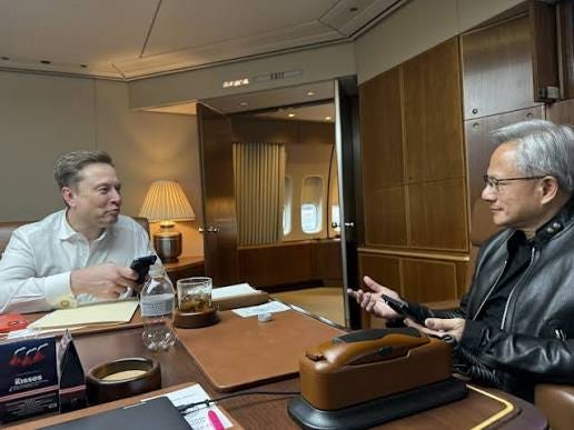 ELON RESPONDS TO VIRAL PHOTO WITH NVIDIA CEO 😂 A photo of Elon Musk  sitting down with Nvidia CEO Jensen Huang aboard Air Force One for  President Trump's China trip quickly went