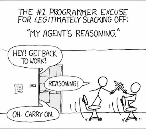 Programming cartoon about agents reasoning while playing office chair jousting. The image shows a simple stick figure comic where two programmers are having a chair jousting match in the office. When someone tells them to get back to work, they claim they're doing 