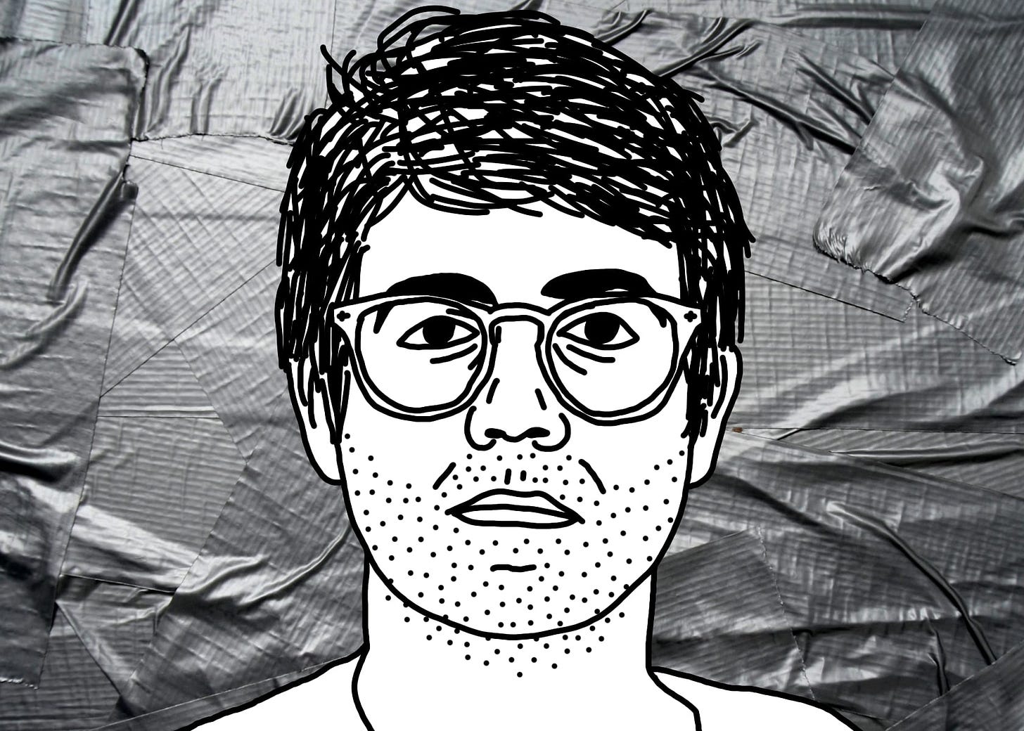 A black line drawing of Alex, the protagonist of "I Hear You Watching." He is white, short messy parted hair, glasses. He stares straight at you, unsmiling. He has a five-o’clock shadow and bags under his eyes. Behind him is a wall of wrinkled strips of duct tape.
