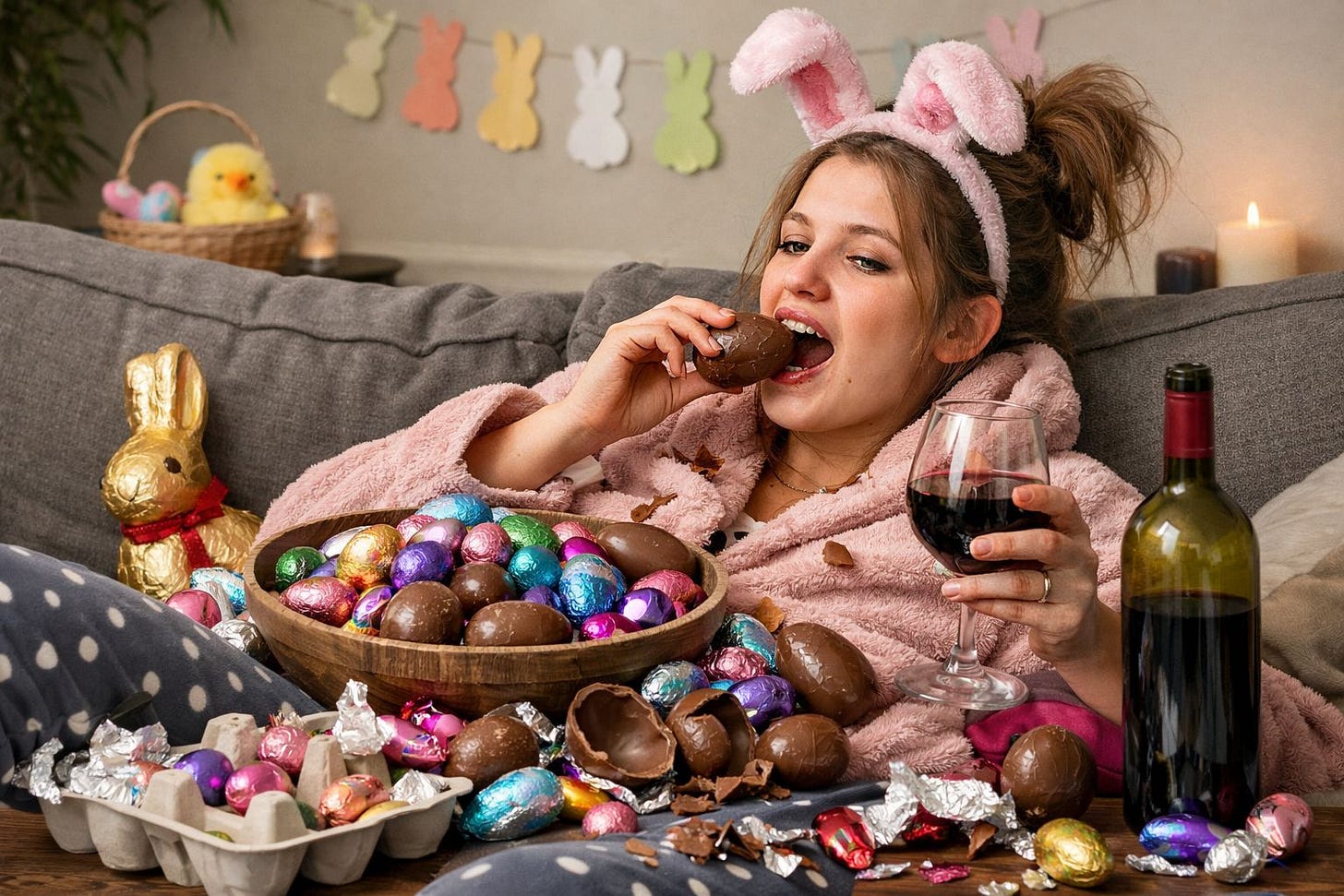 Woman Binging Easter Eggs and Red Wine Woman Binging Easter Eggs and Red Wine
