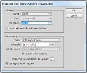 Excel Import Options dialog box Excel Import Options dialog box