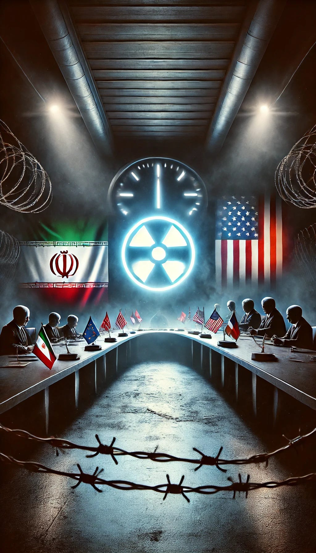 A dramatic and symbolic cover photo for a political Substack article titled 'Iran’s Return to Nuclear Talks Isn’t What It Seems'. The image has a 2:3 vertical aspect ratio and conveys nuclear tension and political deception. At the center is a dark, shadowy negotiation table. On the left side of the table, the Iranian flag is clearly visible and illuminated. On the right side of the table, only the US flag is shown, also clearly visible and illuminated. The EU flag has been removed. The background features a faintly glowing nuclear symbol behind barbed wire, and a ticking clock looms overhead to represent the October deadline. The scene uses dark blues, greys, and red highlights to evoke urgency and tension. A dramatic and symbolic cover photo for a political Substack article titled 'Iran’s Return to Nuclear Talks Isn’t What It Seems'. The image has a 2:3 vertical aspect ratio and conveys nuclear tension and political deception. At the center is a dark, shadowy negotiation table. On the left side of the table, the Iranian flag is clearly visible and illuminated. On the right side of the table, only the US flag is shown, also clearly visible and illuminated. The EU flag has been removed. The background features a faintly glowing nuclear symbol behind barbed wire, and a ticking clock looms overhead to represent the October deadline. The scene uses dark blues, greys, and red highlights to evoke urgency and tension.