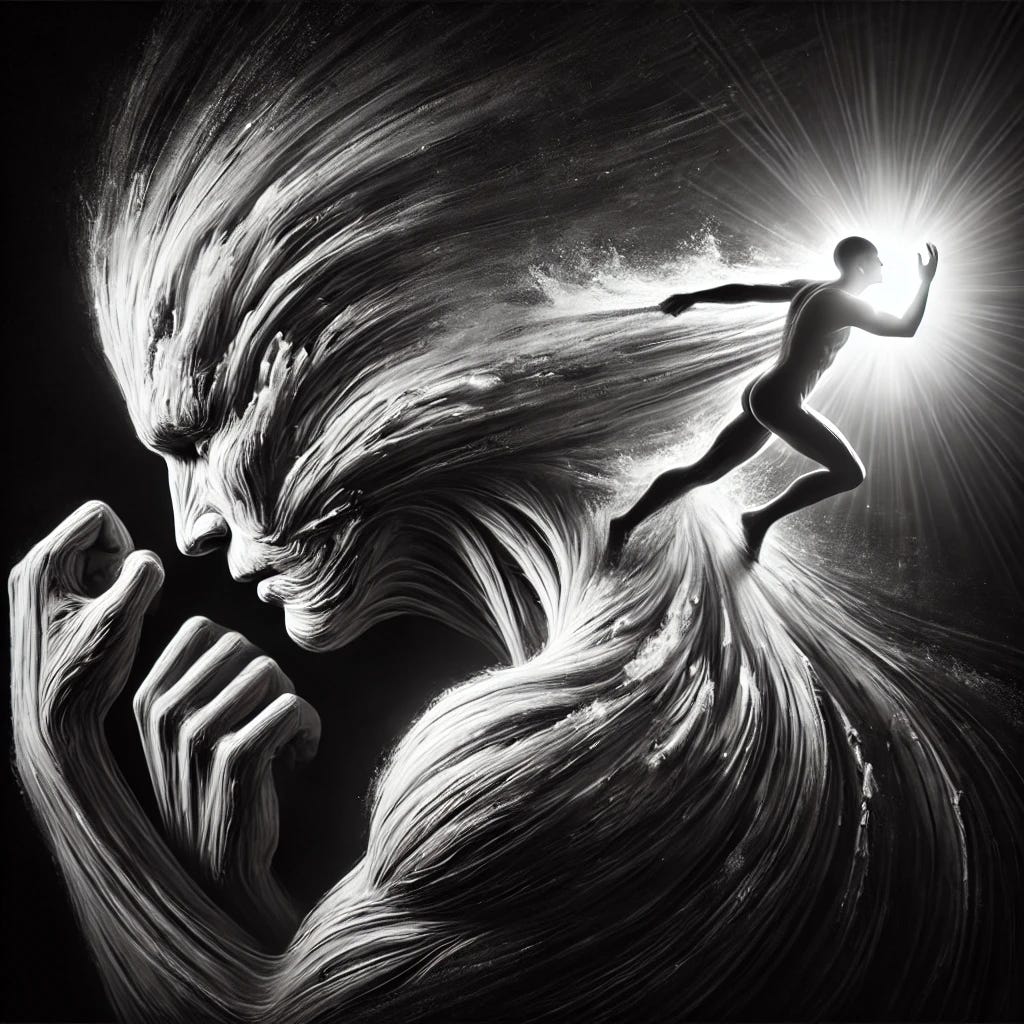 A captivating, artistic black-and-white image symbolizing the subtitle 'How Our Minds Torture Us Into Our Best Future.' Depict an abstract human figure undergoing intense inner tension or struggle, yet clearly being shaped or guided toward a bright, symbolic future state. Convey emotional depth, struggle, and eventual triumph or growth through visual metaphors, contrasts, and dramatic use of light and shadow.