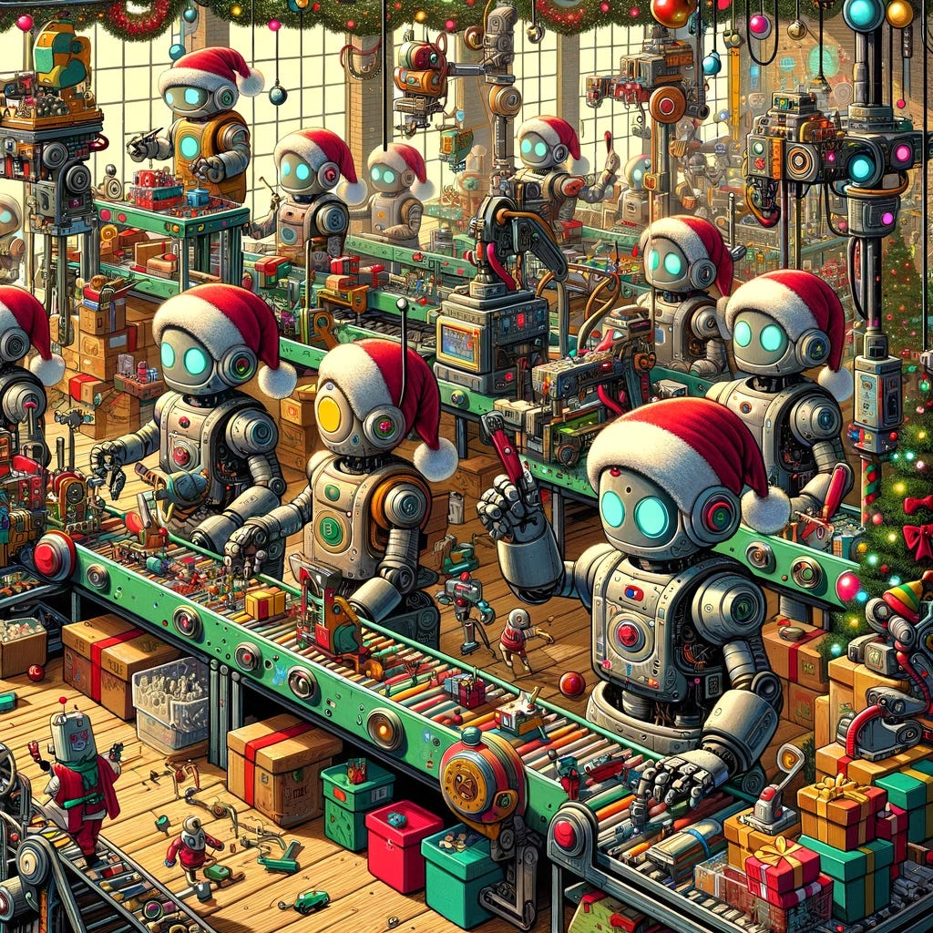 A whimsical illustration featuring robot Santa's elves in a bustling workshop. The robots, designed with a variety of tools for hands, such as screwdrivers and hammers, are busily assembling an array of colorful toys. The workshop is filled with whimsical gadgets and machinery, all designed to aid in the toy-making process, including conveyor belts carrying toy parts, robotic arms for precision tasks, and whimsical decorations that add a festive touch. The atmosphere is lively and filled with the spirit of creativity and innovation, capturing the essence of a futuristic Christmas workshop.