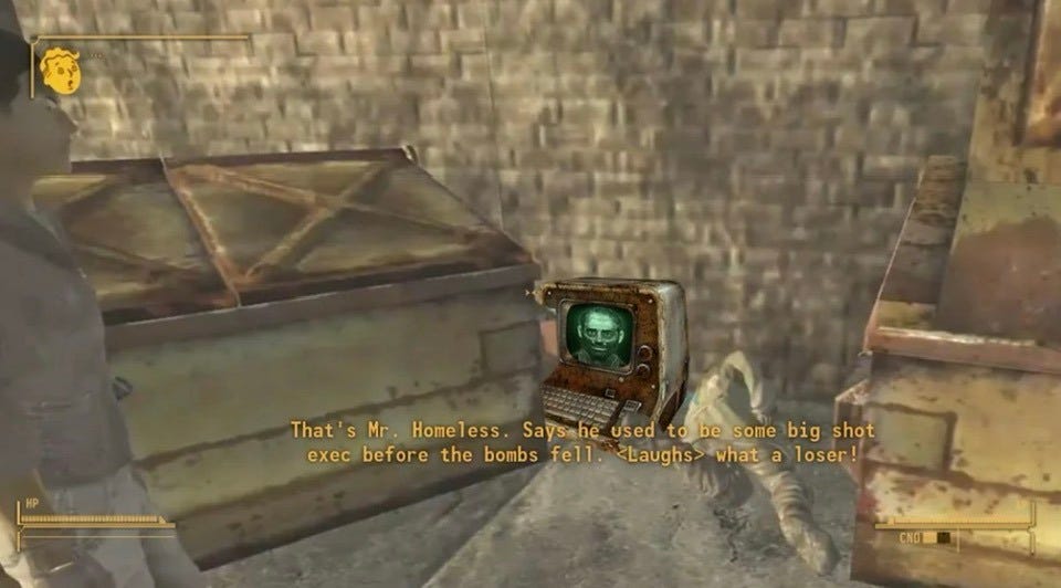 Pode ser uma imagem de texto que diz "KP That' That'sMr S Mr. Homeless. Sayshe used to be some big shot exec before the bombs fell. 2Laughs> what aecbaioetbtlosata a loser! CND"