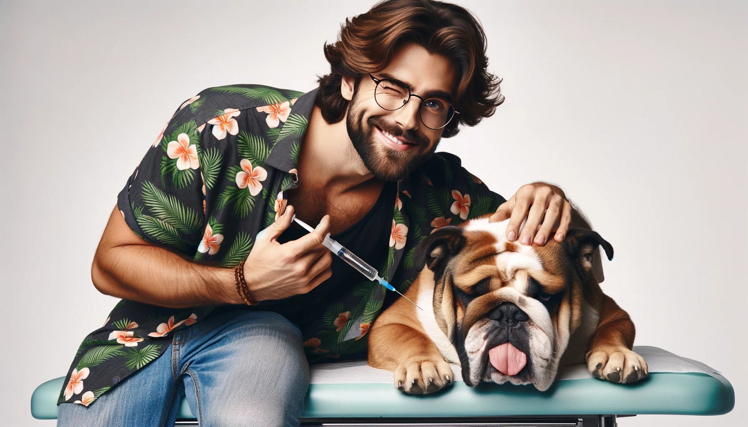 A 30-year-old man with medium length wavy brown hair and a beard, wearing thin-framed rectangular glasses, a Hawaiian shirt over a black tank top, and blue jeans. He is smiling innocently and winking sweetly while injecting a larger crying unconscious bulldog with a sad face and its tongue sticking out on a medical table with a syringe. The background is white, making the scene look more medical and sterile. The man's face takes up more of the shot, in landscape format.