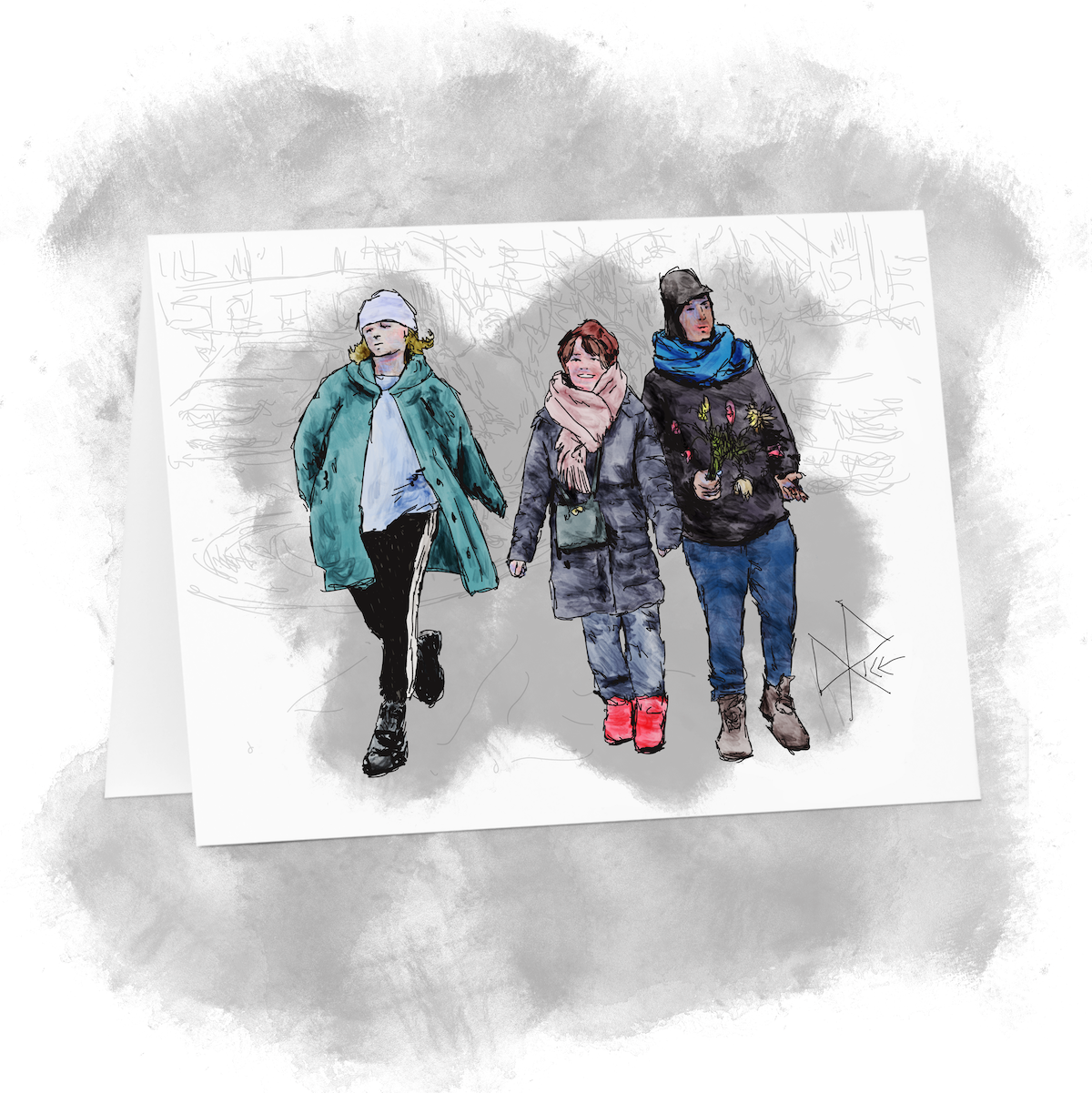 Three people walking across an intersection on a cool spring day. One of them holds a bouquet of wilting flowers in one of his hands. Sketch art by Don Rice. Three people walking across an intersection on a cool spring day. One of them holds a bouquet of wilting flowers in one of his hands. Sketch art by Don Rice.