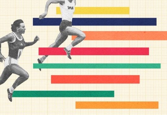 This may contain: two men are running in the same direction as each other, with different colors and shapes