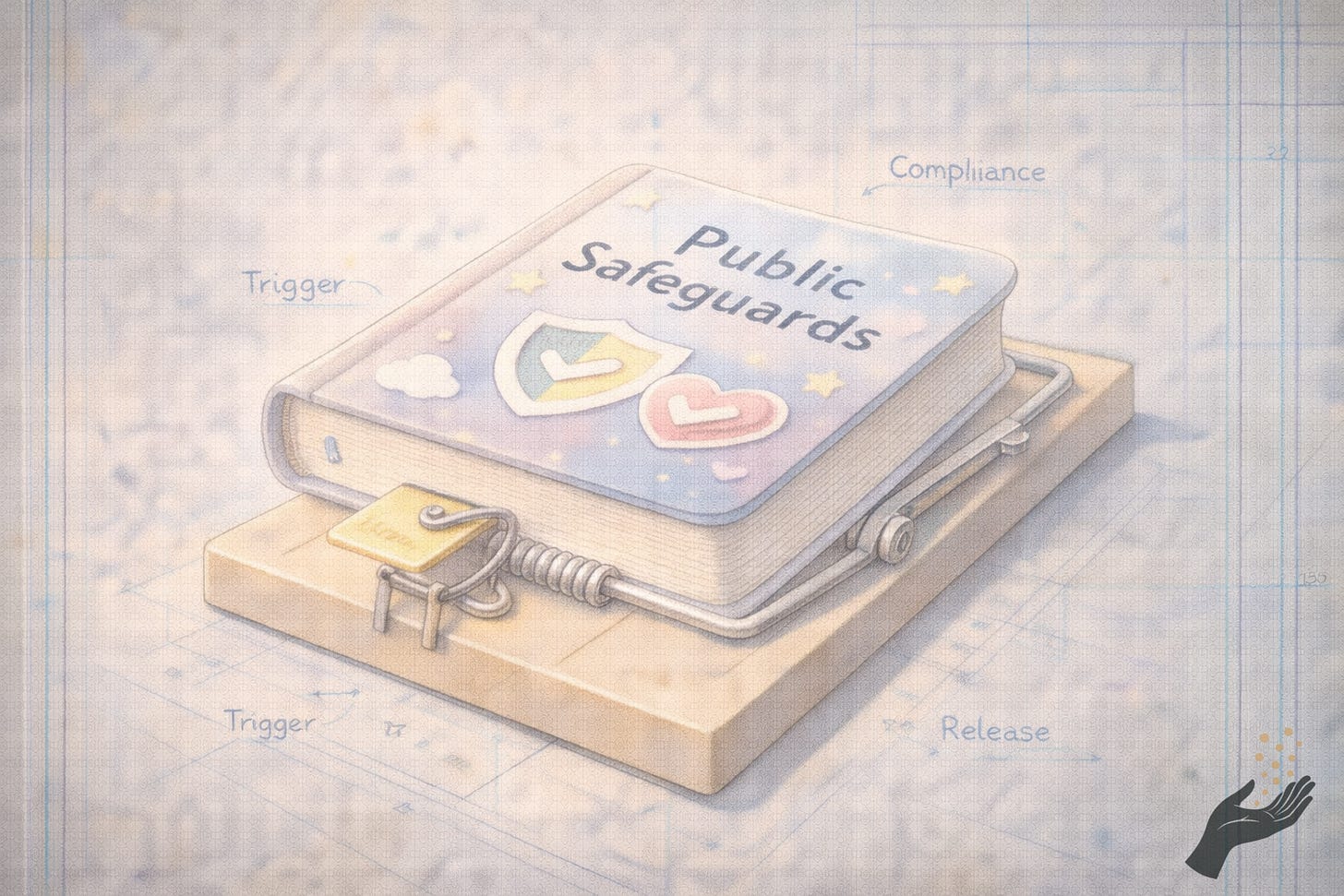 A pastel booklet labeled Public Safeguards sits on a mousetrap mechanism, with blueprint-style notes marking the trigger and release points. A pastel booklet labeled Public Safeguards sits on a mousetrap mechanism, with blueprint-style notes marking the trigger and release points.