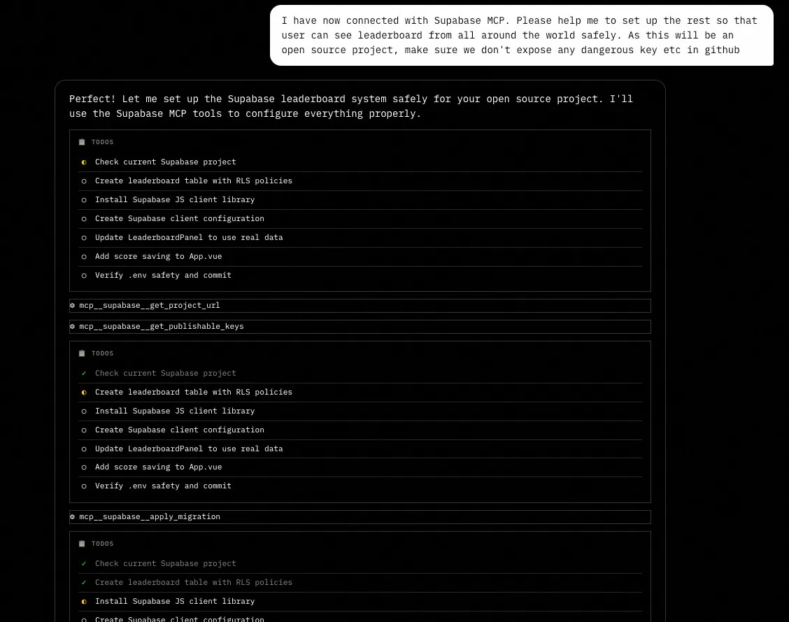 Dark code editor or terminal view showing a message about connecting to Supabase MCP and a TODO checklist to set up a global leaderboard safely, including steps like creating a leaderboard table with RLS, configuring Supabase client, and verifying .env safety, with commands such as ‘mcp__supabase__get_project_url’ and the caption ‘How Supabase MCP magically set up everything.’