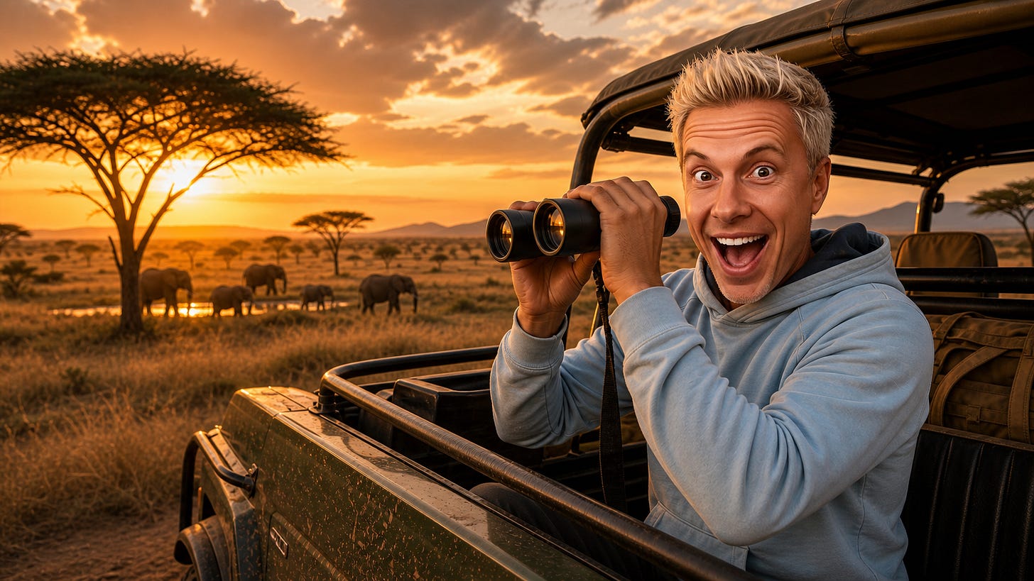 Gary looking through binoculars in a safari truck with his original excited facial features