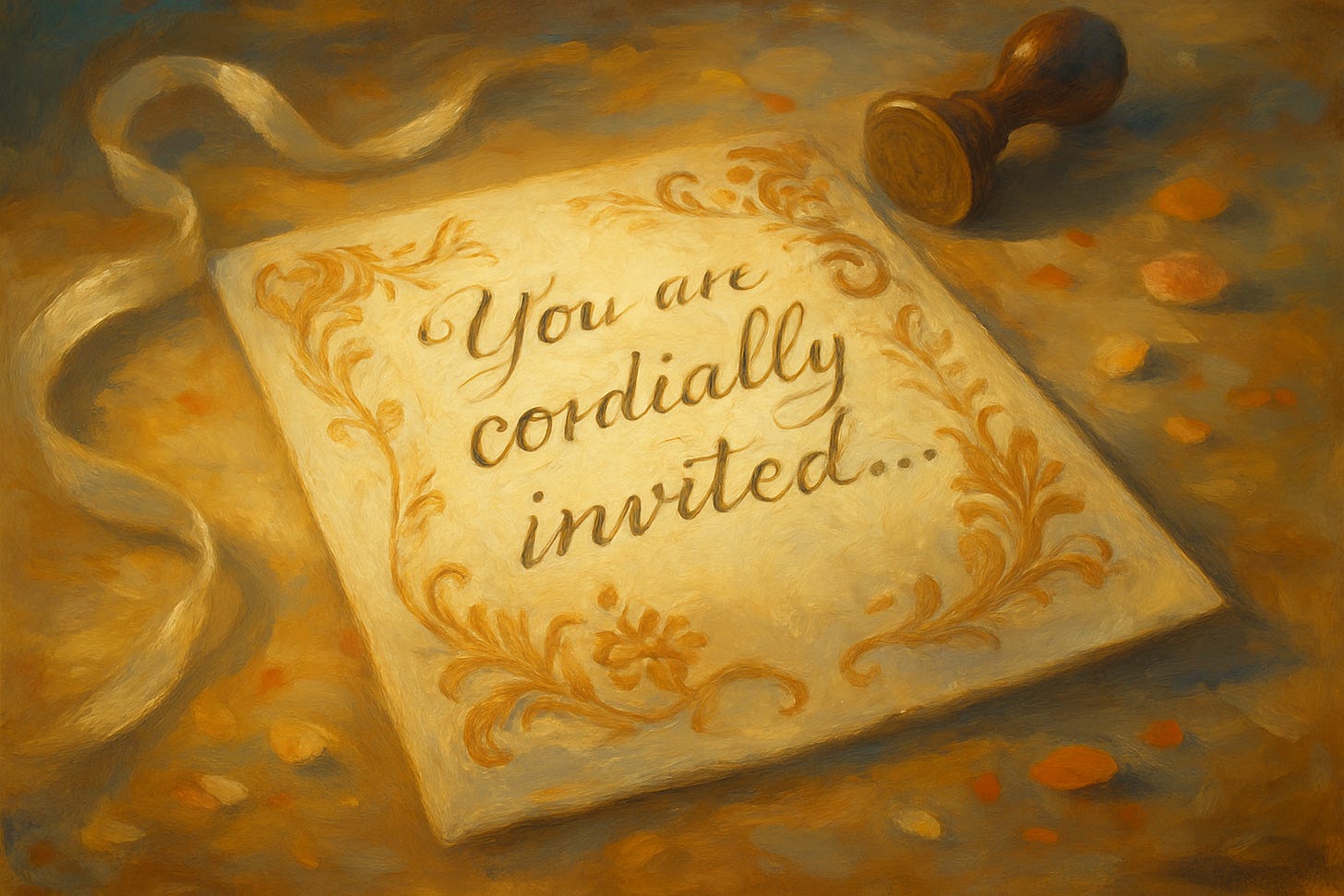 A surreal oil painting shows a close-up wedding invitation lying on a warmly lit tabletop. The thick, textured card reads “You are cordially invited…” in looping script, framed by ornate golden floral designs. A soft ribbon curls along the left side, while a wooden wax seal stamp and scattered petals rest nearby. The colors blend in warm ambers, creams, and soft shadows, giving the scene a dreamy, atmospheric feel.