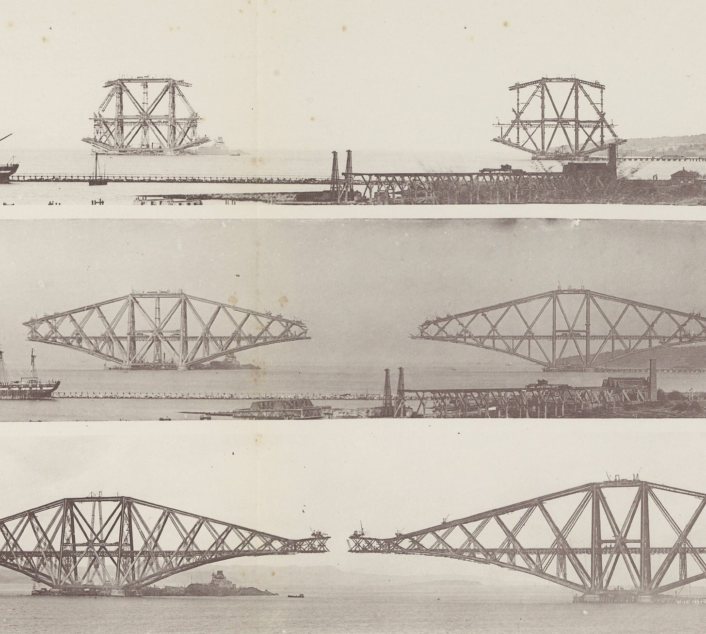 Three photos next to each other showing the progress of a bridge being built.