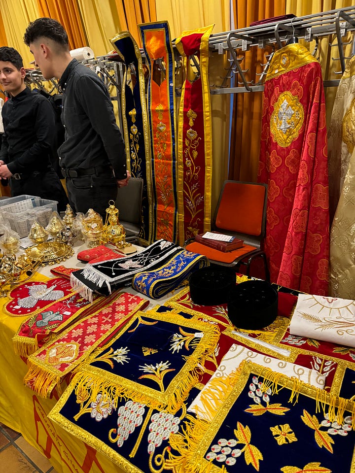 Depicts merchandise and a man and a woman meeting