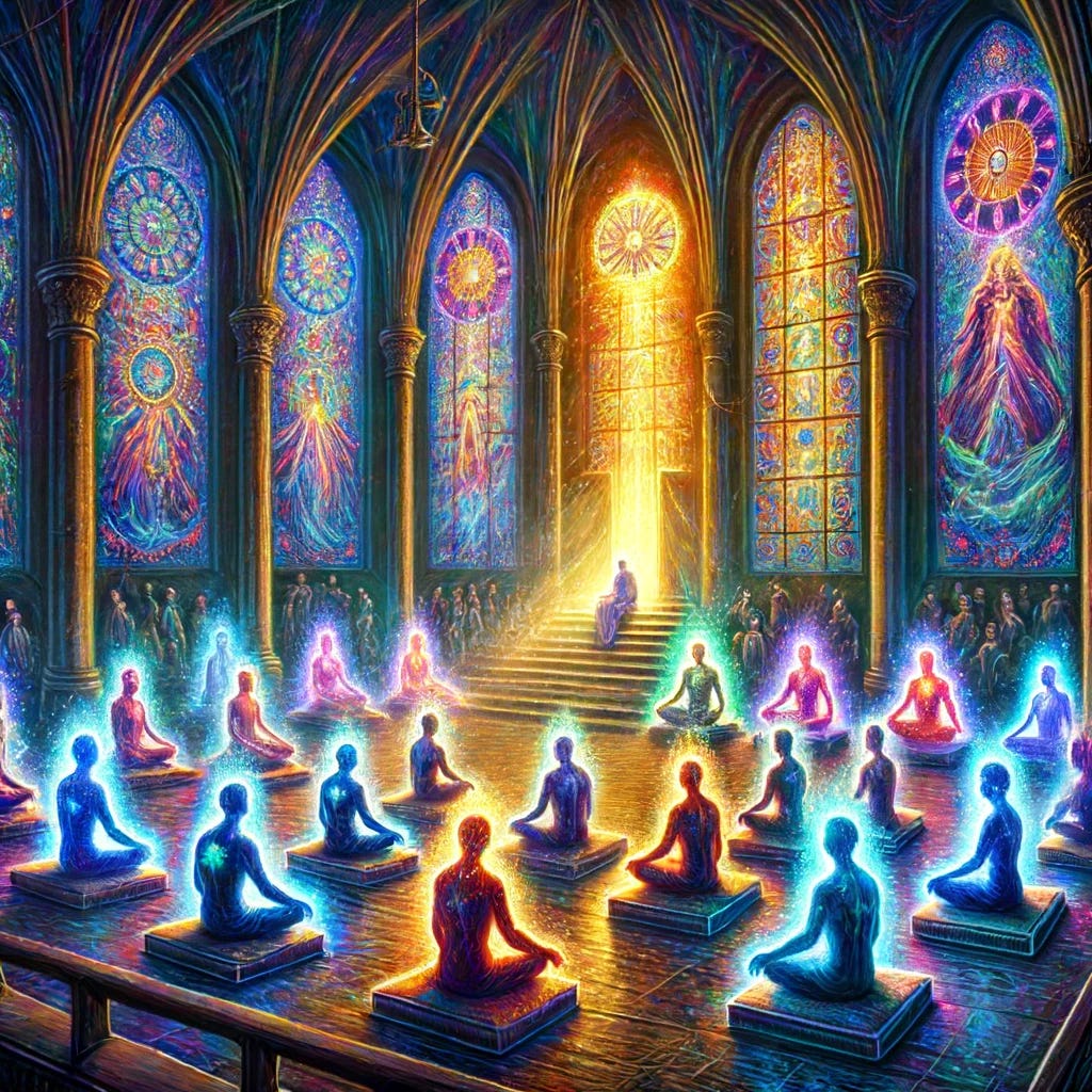 A symbolic and atmospheric illustration for a blog post about the Good Friday Experiment, showcasing the blending of psychedelic and mystical experiences. The image should depict a serene chapel setting with stained glass windows casting colorful light onto a group of people sitting in meditation. Among them, some figures are highlighted with an ethereal glow, representing those under the influence of psilocybin. The scene captures a sense of deep spiritual transcendence, unity, and the dissolving boundaries between the self and the universe. This artistic representation should convey the profound, mystical qualities of psychedelic experiences in a religious context.