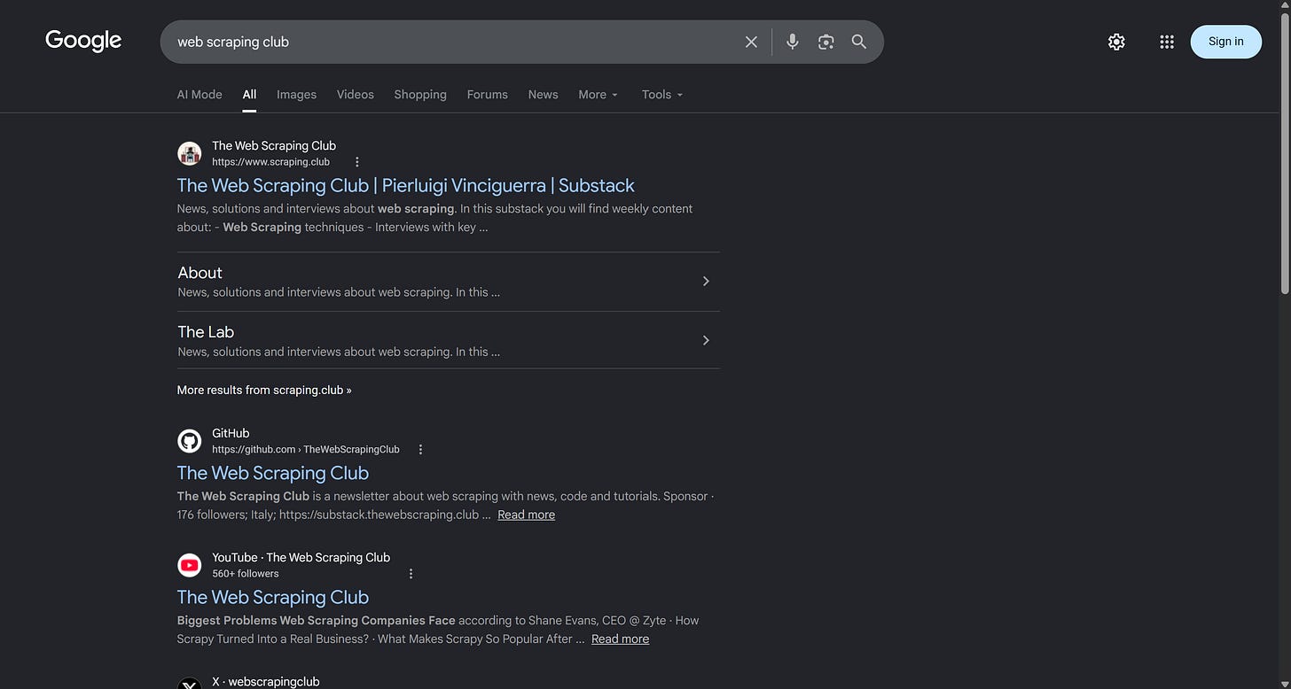 Performing the “web scraping club” search directly on Google. The results match those returned by the SERP API