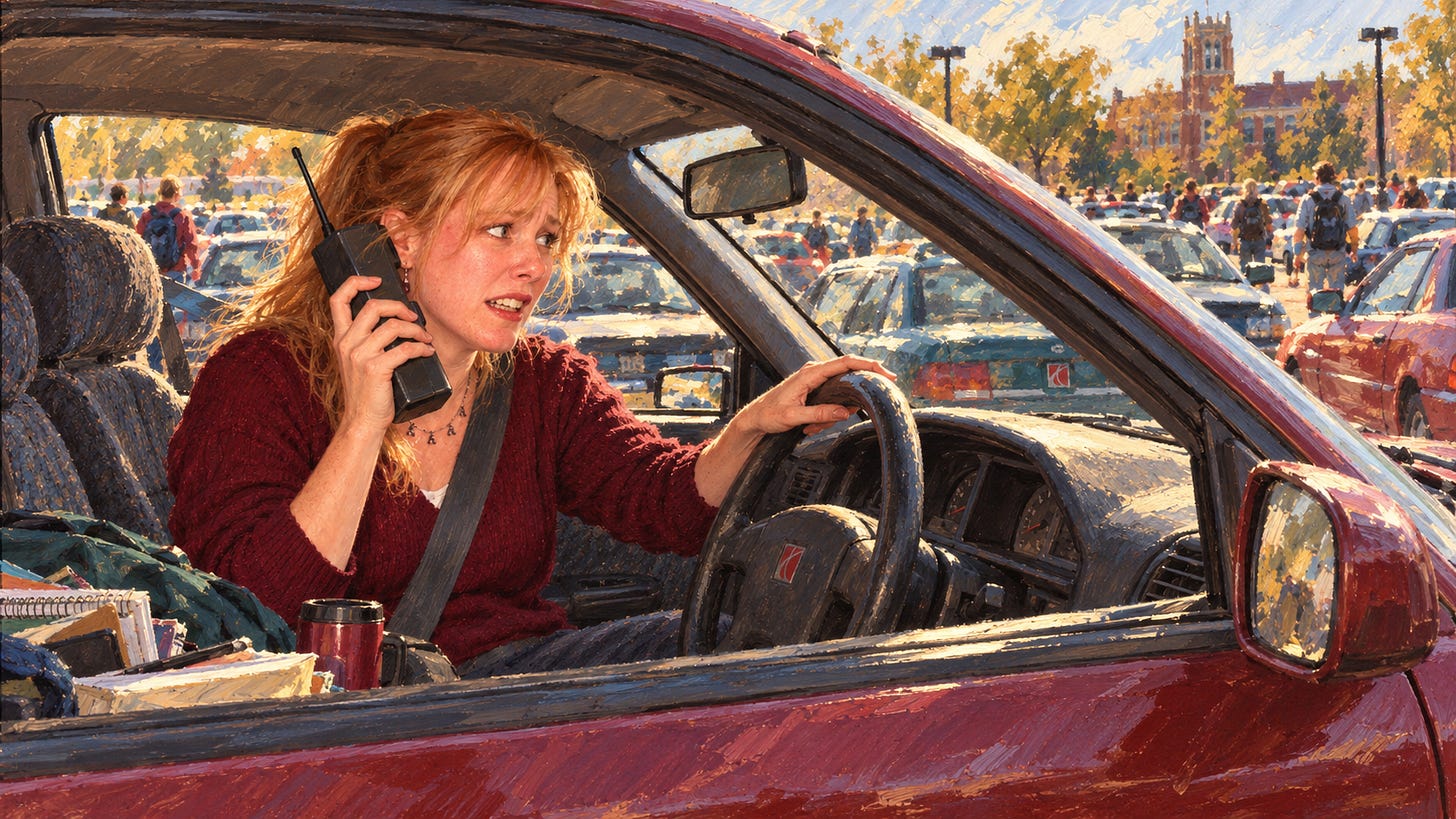Painterly illustration of Bunny sitting anxiously in a red Saturn coupe in a crowded college parking lot, holding an oversized 1990s portable phone to her ear with one hand and gripping the steering wheel with the other. She looks frightened and overwhelmed, as if calling for help after panicking about parking on her first day back at school. Painterly illustration of Bunny sitting anxiously in a red Saturn coupe in a crowded college parking lot, holding an oversized 1990s portable phone to her ear with one hand and gripping the steering wheel with the other. She looks frightened and overwhelmed, as if calling for help after panicking about parking on her first day back at school.