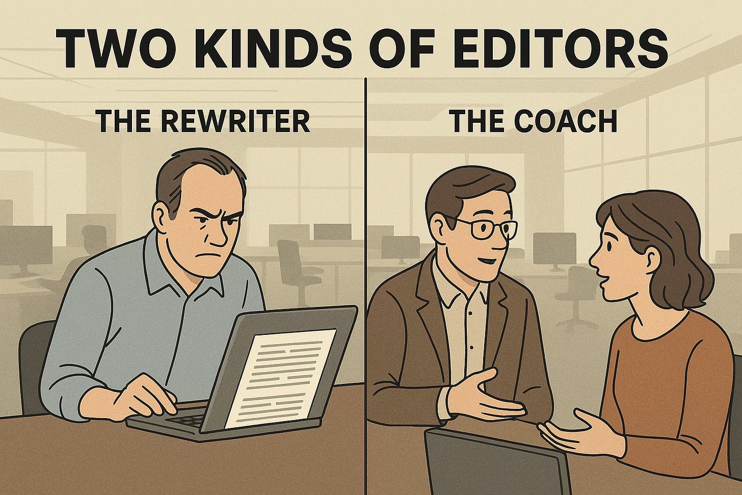 A horizontal illustration split into two halves. On the left, “The Rewriter” works alone at a laptop, tense and focused. On the right, “The Coach” collaborates with a reporter, both smiling and discussing the story. The background is a modern, open newsroom.