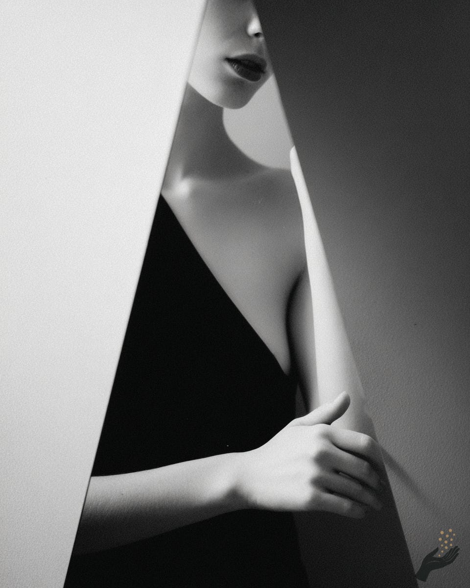 A high-contrast black and white photograph of a woman. A hard triangle of light falls across one side of her face and bare shoulder while the rest stays in deep shadow. One hand rests near her chest. A high-contrast black and white photograph of a woman. A hard triangle of light falls across one side of her face and bare shoulder while the rest stays in deep shadow. One hand rests near her chest.